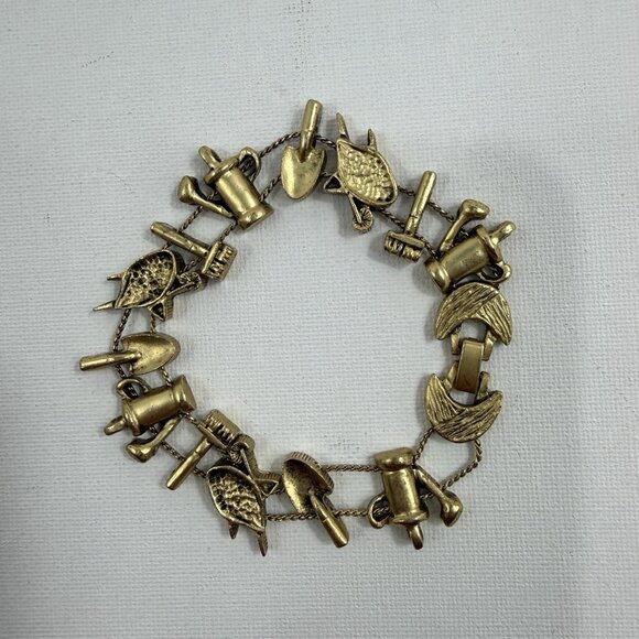Vintage TOFA Gold Tone Charm Bracelets Lot Angels Moon Garden Tools Signed 1990s - Picture 4 of 11